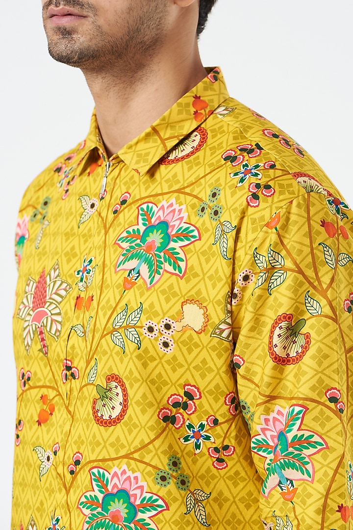 Mustard Floral Printed Party Wear Shirt by Siddhartha Bansal Men at Pernia's Pop Up Shop