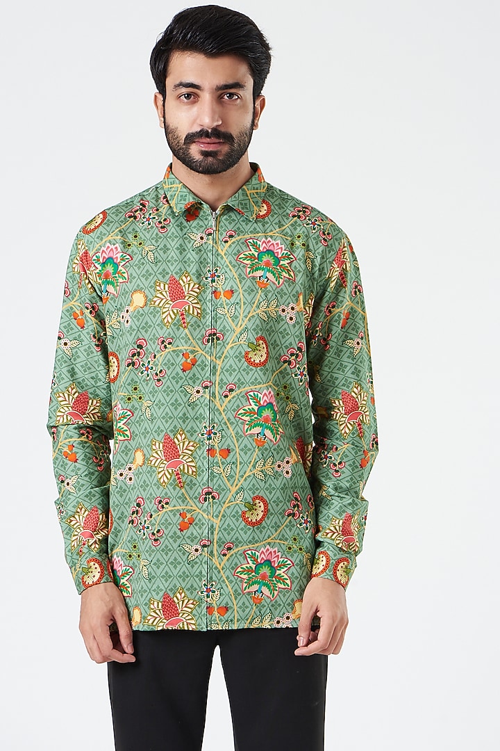 Green Floral Printed Party Wear Shirt by Siddhartha Bansal Men at Pernia's Pop Up Shop