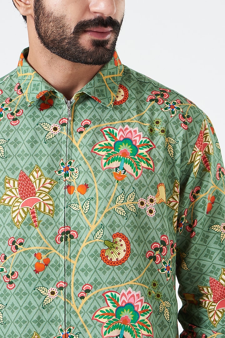 Green Floral Printed Party Wear Shirt by Siddhartha Bansal Men at Pernia's Pop Up Shop