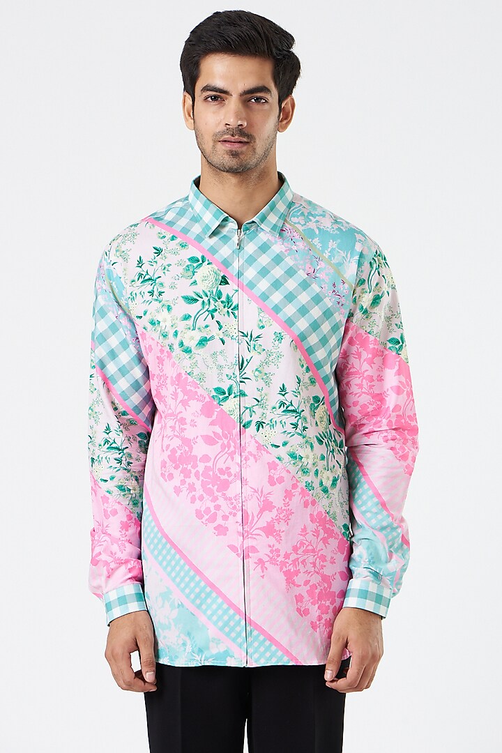 Fuchsia & Sky Blue Printed Party Wear Shirt by Siddhartha Bansal Men at Pernia's Pop Up Shop