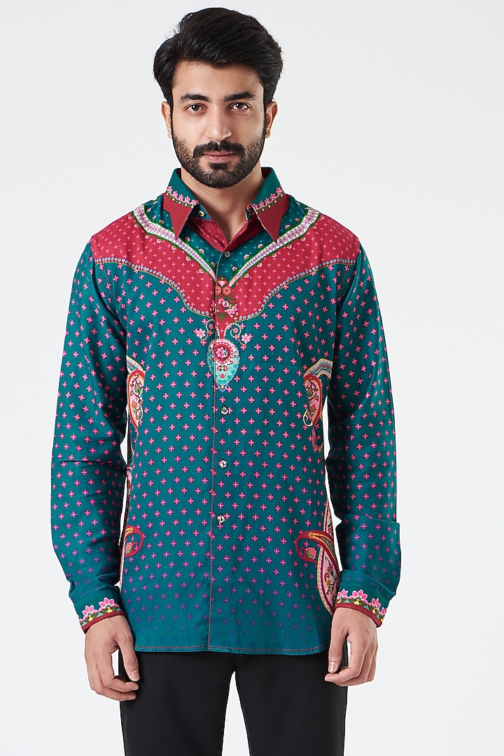 Blue & Maroon Cotton Satin Paisley Printed Party Wear Shirt by Siddhartha Bansal Men at Pernia's Pop Up Shop
