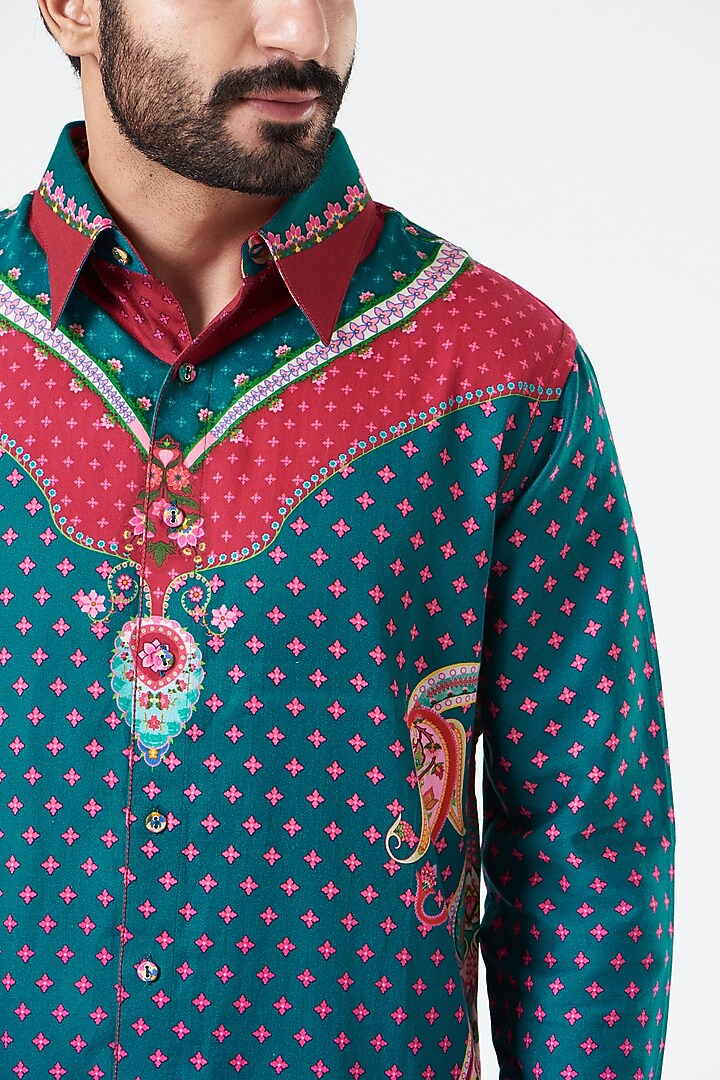 Blue & Maroon Cotton Satin Paisley Printed Party Wear Shirt by Siddhartha Bansal Men at Pernia's Pop Up Shop