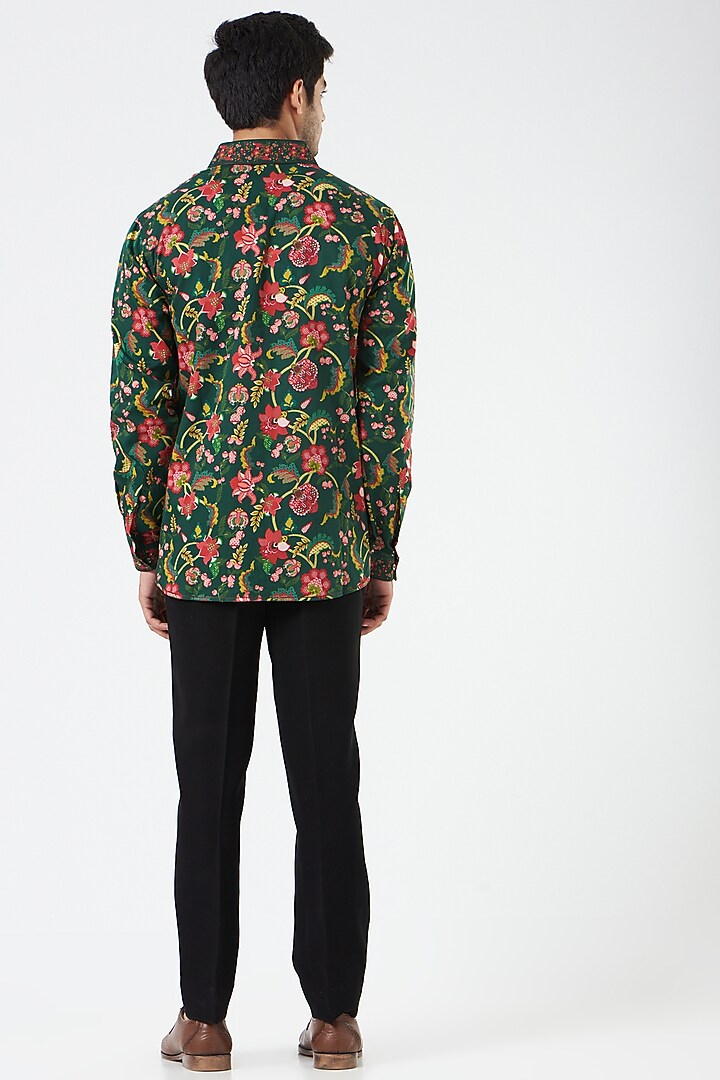 Emerald Green Cotton Satin Printed Party Wear Shirt by Siddhartha Bansal Men at Pernia's Pop Up Shop