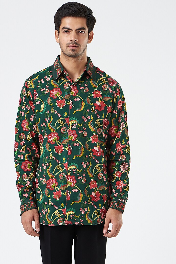 Emerald Green Cotton Satin Printed Party Wear Shirt by Siddhartha Bansal Men at Pernia's Pop Up Shop