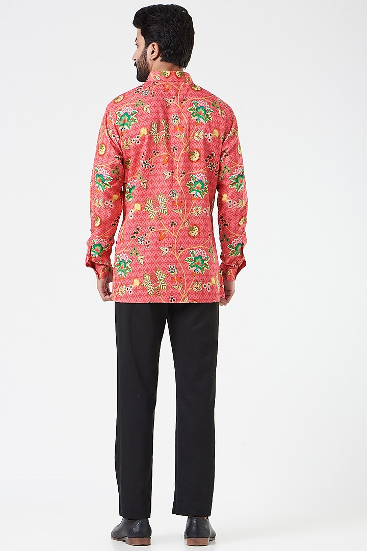 Coral Cotton Satin Floral Printed Party Wear Shirt by Siddhartha Bansal Men at Pernia's Pop Up Shop