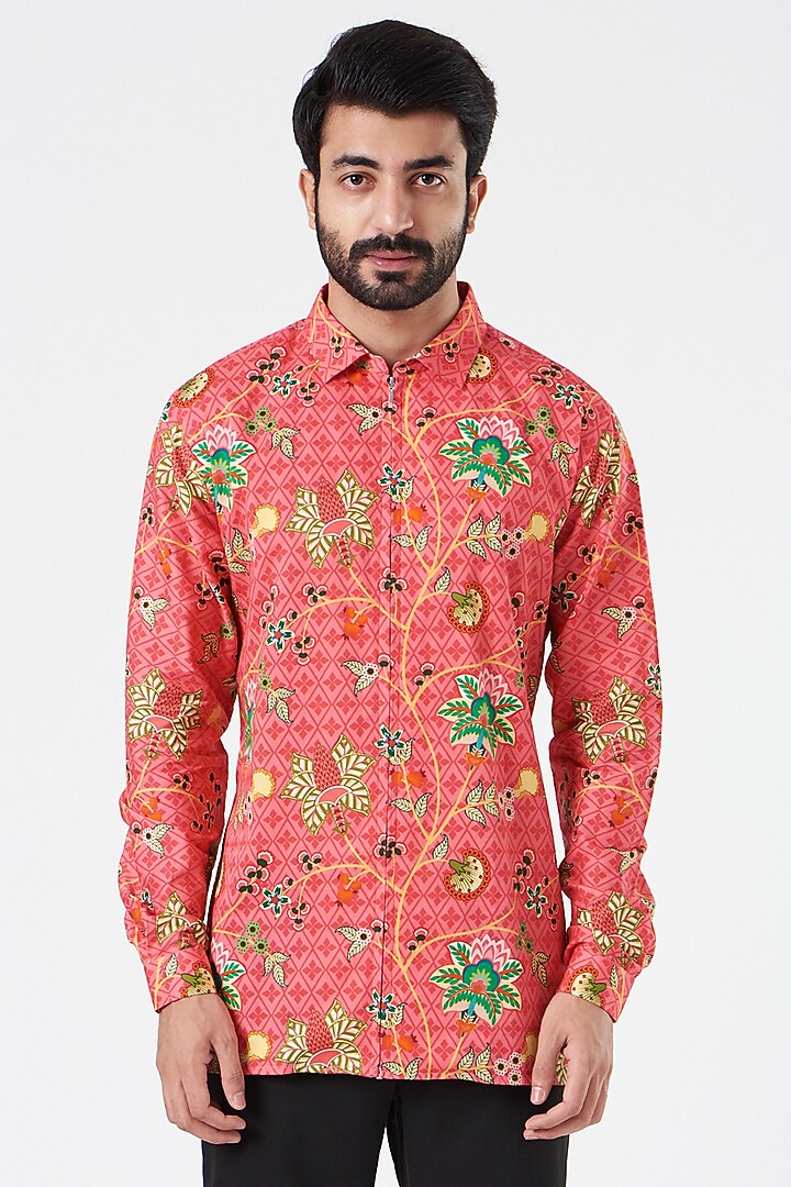 Coral Cotton Satin Floral Printed Party Wear Shirt by Siddhartha Bansal Men at Pernia's Pop Up Shop