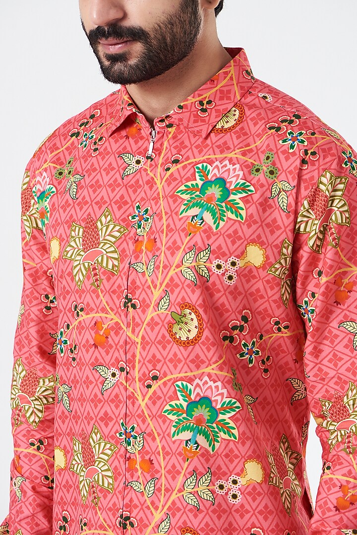 Coral Cotton Satin Floral Printed Party Wear Shirt by Siddhartha Bansal Men at Pernia's Pop Up Shop