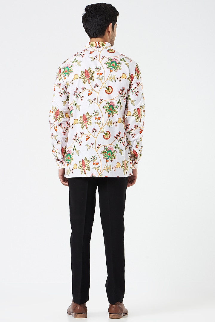 Ivory Cotton Satin Floral Printed Party Wear Shirt by Siddhartha Bansal Men at Pernia's Pop Up Shop