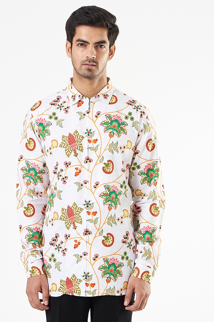 Ivory Cotton Satin Floral Printed Party Wear Shirt by Siddhartha Bansal Men at Pernia's Pop Up Shop