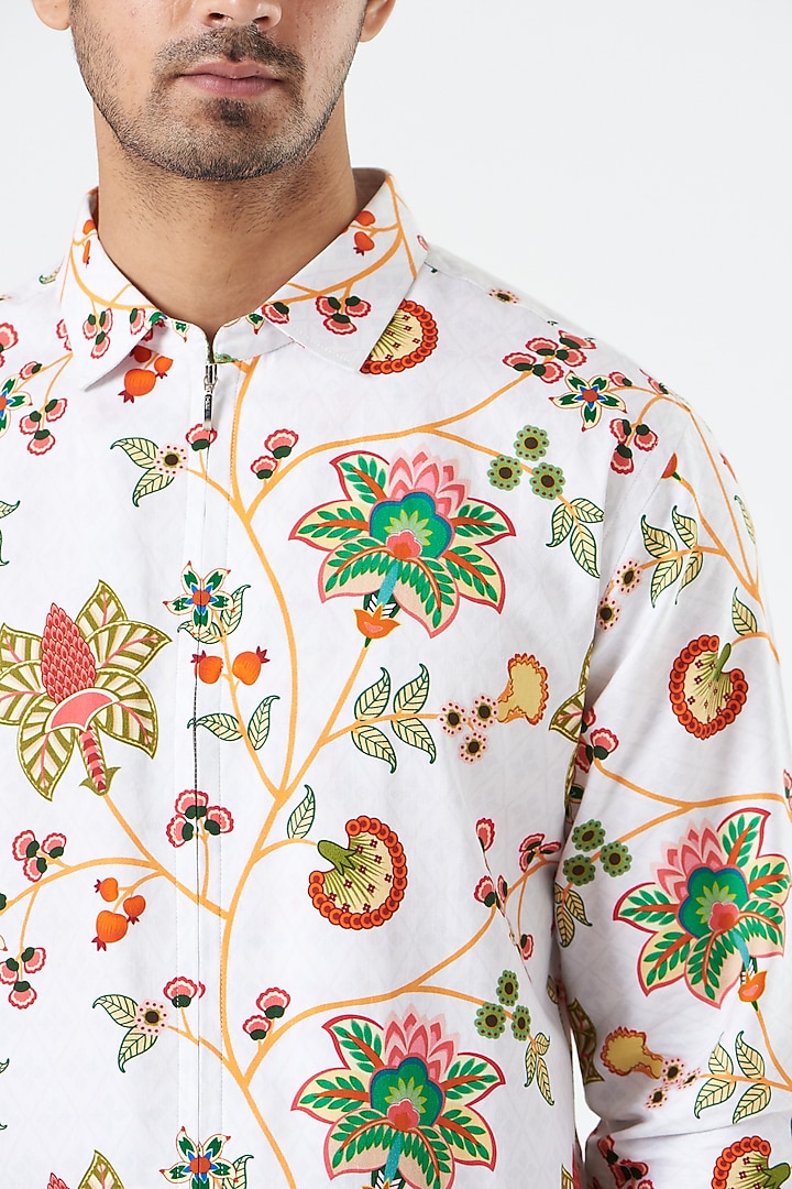 Ivory Cotton Satin Floral Printed Party Wear Shirt by Siddhartha Bansal Men at Pernia's Pop Up Shop