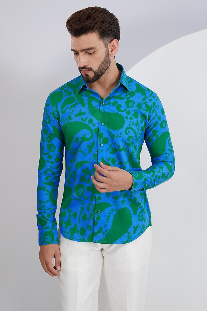 Blue & Green Cotton Satin Printed Shirt by Siddhartha Bansal Men