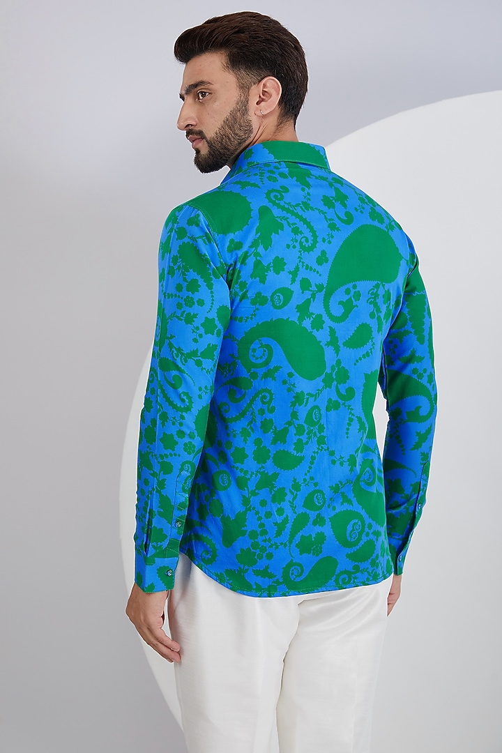 Blue & Green Cotton Satin Printed Party Wear Shirt by Siddhartha Bansal Men at Pernia's Pop Up Shop