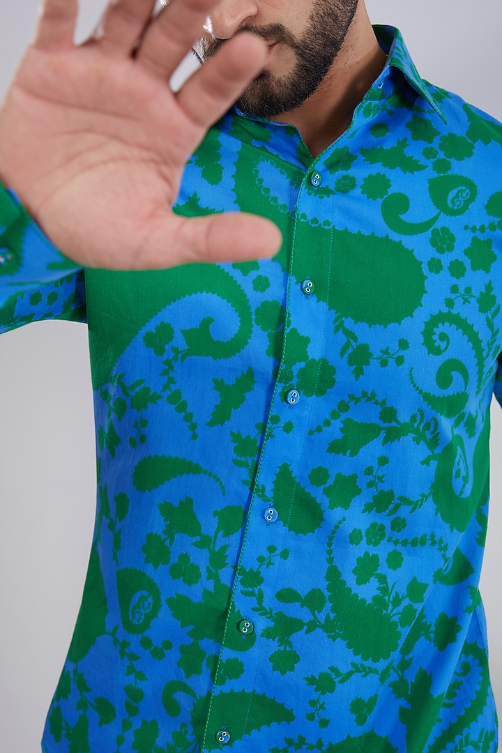 Blue & Green Cotton Satin Printed Party Wear Shirt by Siddhartha Bansal Men at Pernia's Pop Up Shop