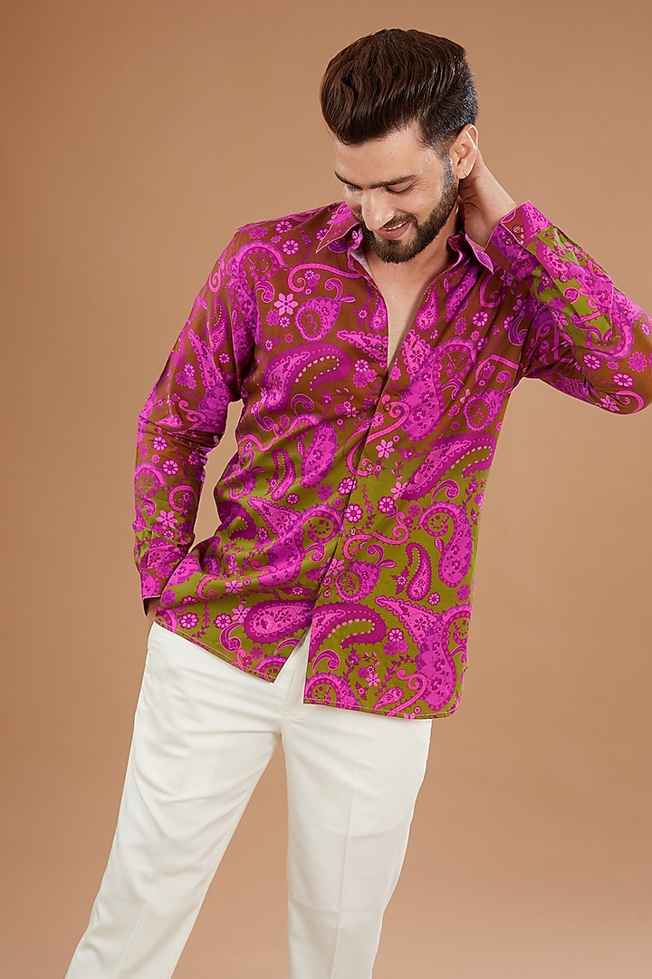 Green & Neon Pink Cotton Satin Digital Printed Shirt by Siddhartha Bansal Men