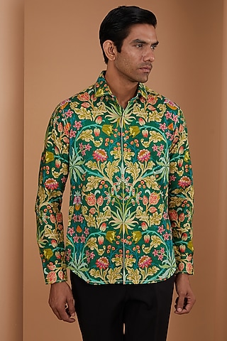 Green Cotton Satin Printed Shirt by Siddhartha Bansal Men