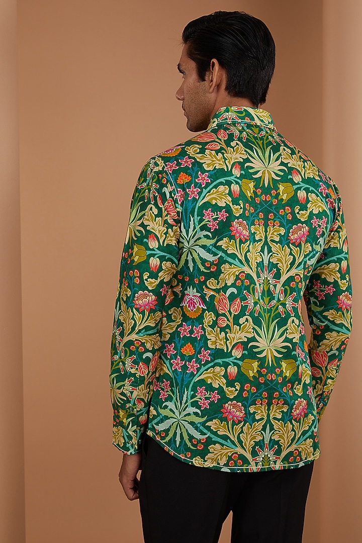 Green Cotton Satin Printed Party Wear Shirt by Siddhartha Bansal Men at Pernia's Pop Up Shop