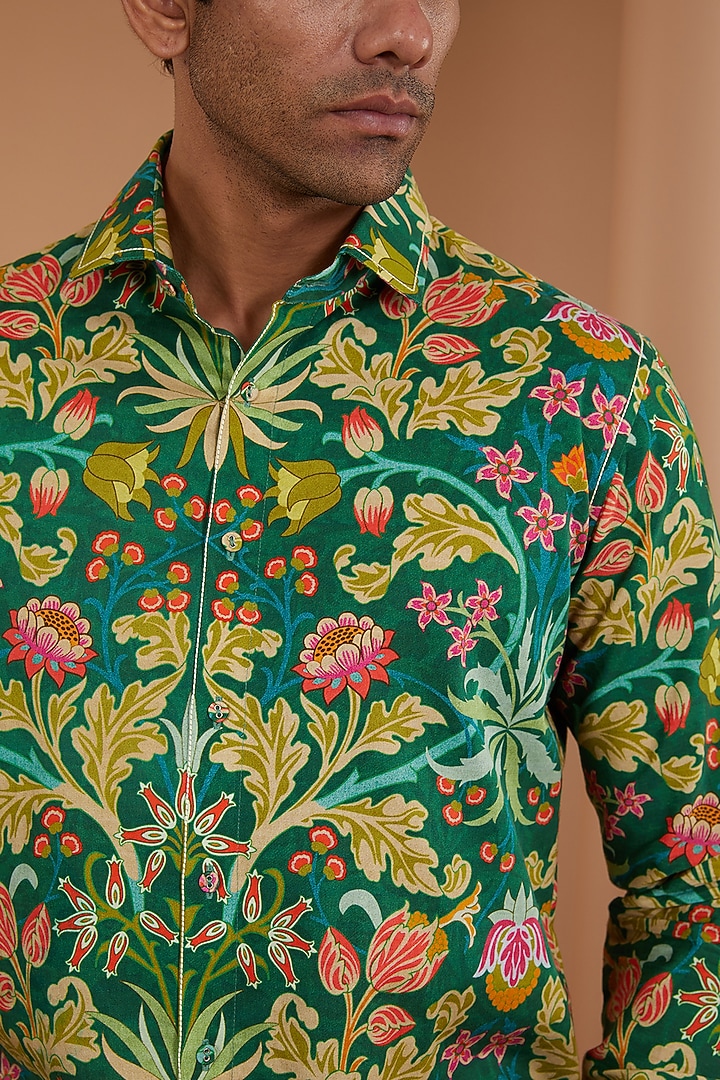 Green Cotton Satin Printed Party Wear Shirt by Siddhartha Bansal Men at Pernia's Pop Up Shop