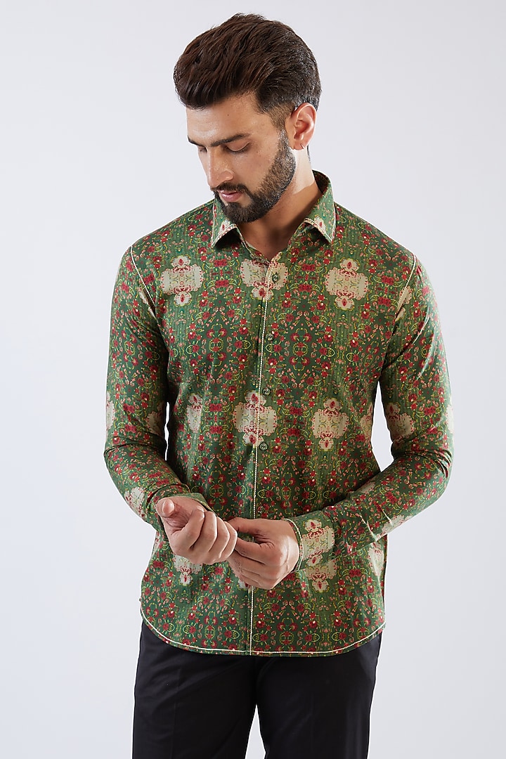 Green Cotton Satin Floral Printed Shirt by Siddhartha Bansal Men