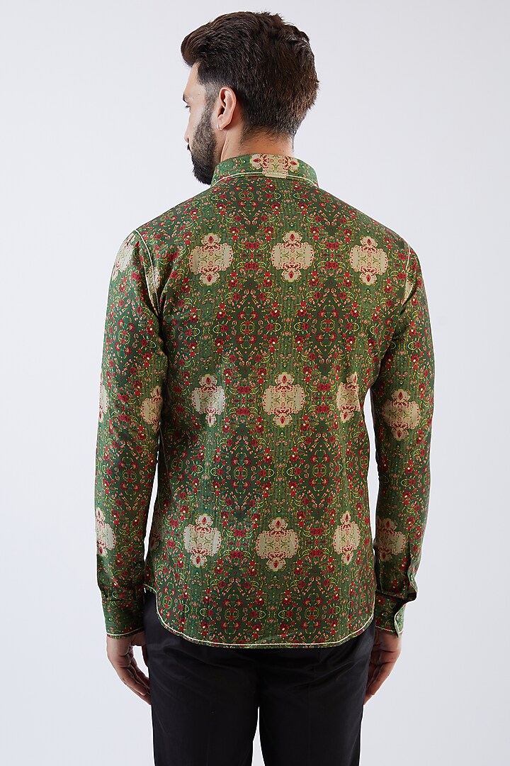 Green Cotton Satin Floral Printed Party Wear Shirt by Siddhartha Bansal Men at Pernia's Pop Up Shop
