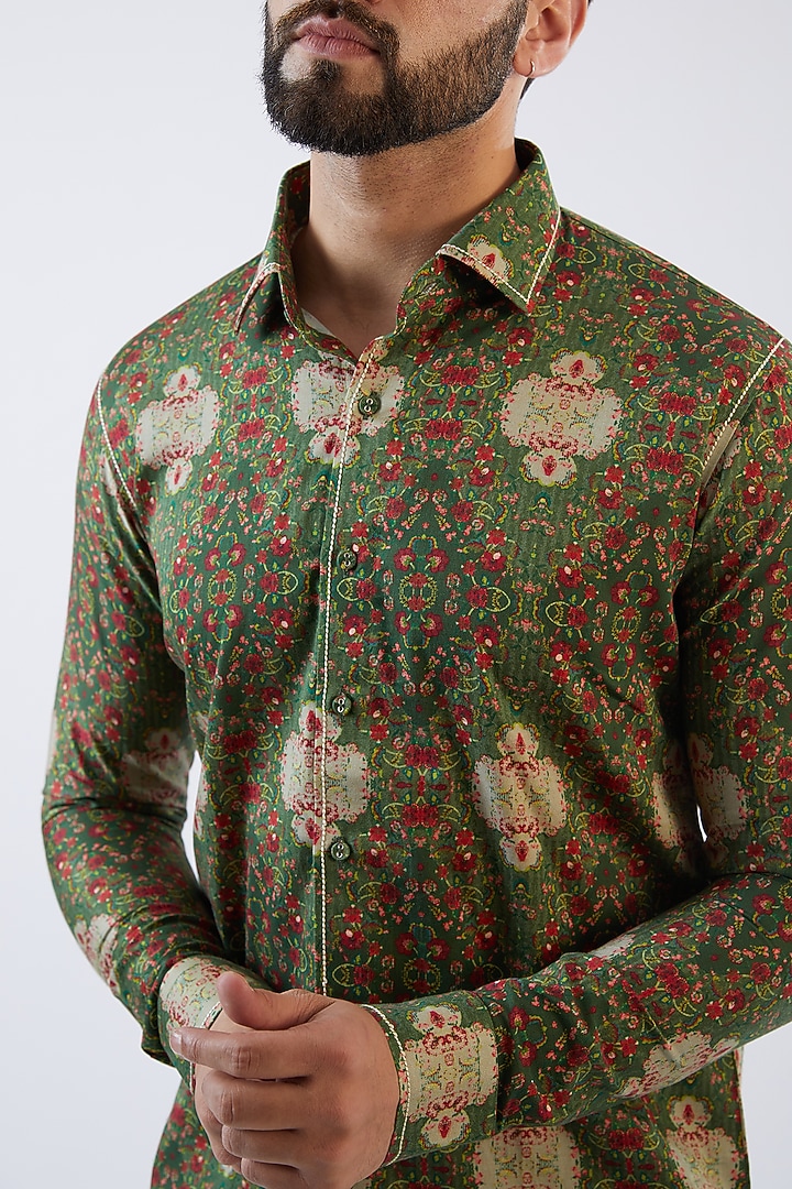Green Cotton Satin Floral Printed Party Wear Shirt by Siddhartha Bansal Men at Pernia's Pop Up Shop