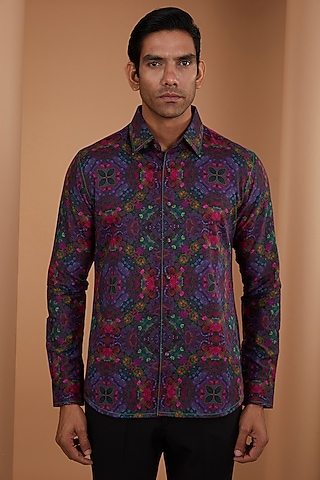 Multi-Colored Cotton Satin Digital Printed Shirt by Siddhartha Bansal Men