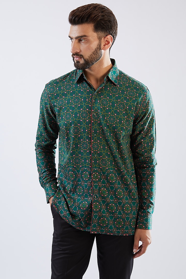 Emerald Green Cotton Satin Digital Printed Shirt by Siddhartha Bansal Men