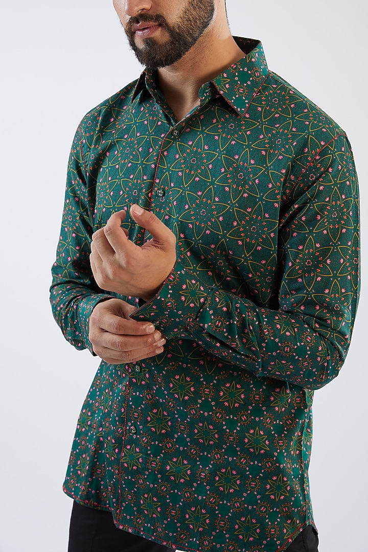 Emerald Green Cotton Satin Digital Printed Party Wear Shirt by Siddhartha Bansal Men at Pernia's Pop Up Shop