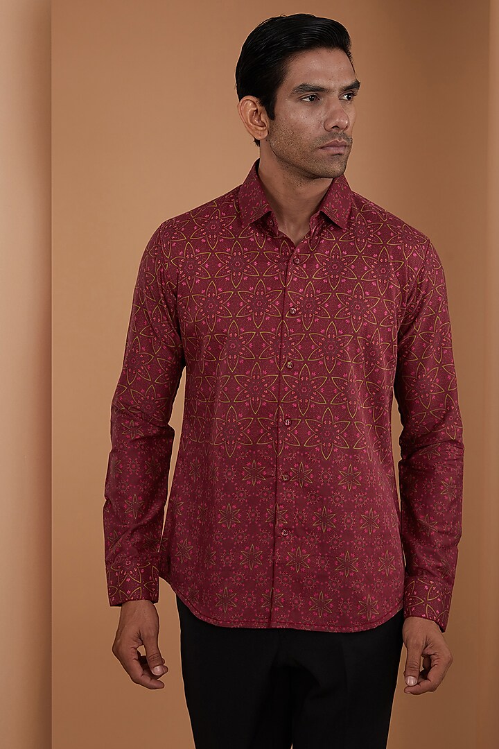 Maroon Cotton Satin Digital Printed Shirt by Siddhartha Bansal Men