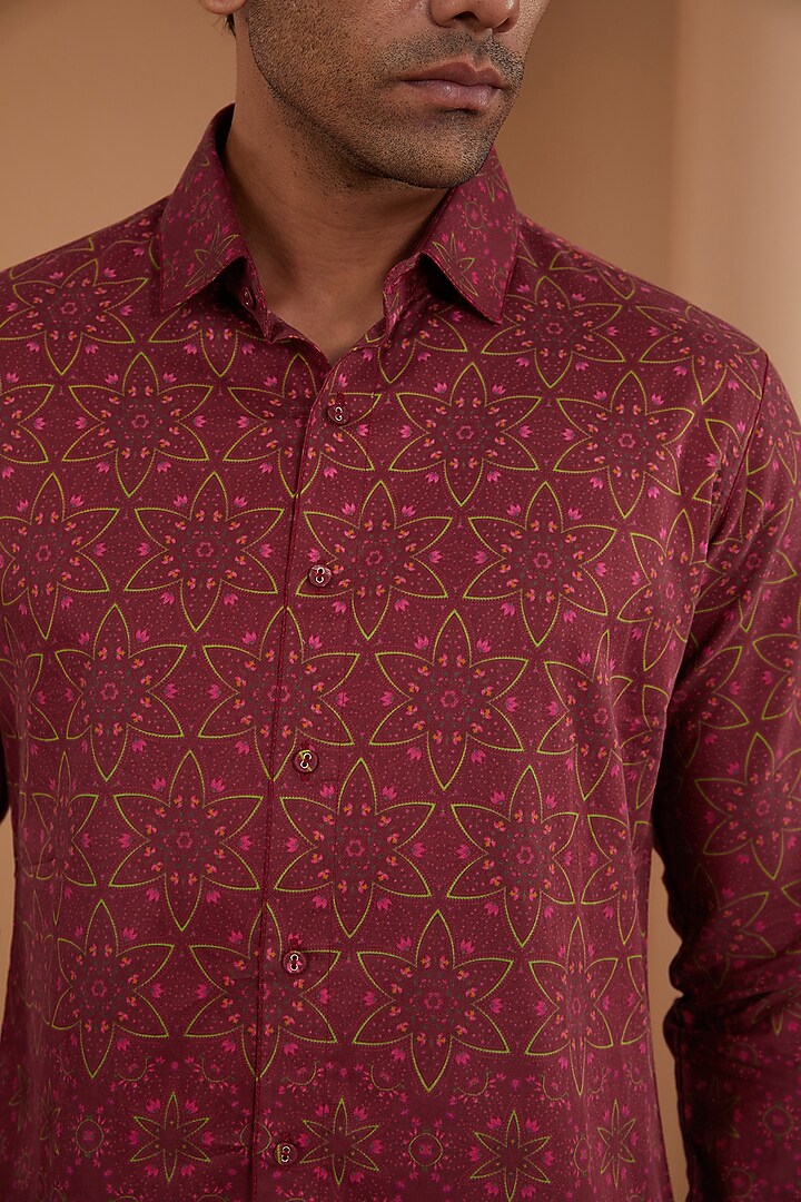 Maroon Cotton Satin Digital Printed Party Wear Shirt by Siddhartha Bansal Men at Pernia's Pop Up Shop