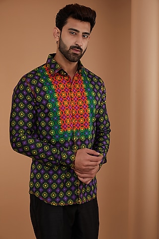Multi-Colored Cotton Satin Digital Printed Shirt by Siddhartha Bansal Men