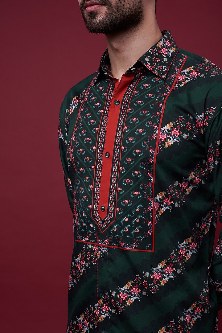 Emerald Green Cotton Satin Digital Printed Party Wear Shirt by Siddhartha Bansal Men at Pernia's Pop Up Shop