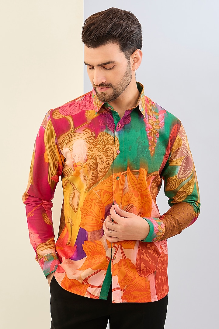 Orange Cotton Satin Floral Digital Printed Shirt by Siddhartha Bansal Men