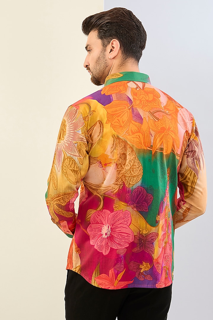 Orange Cotton Satin Floral Digital Printed Party Wear Shirt by Siddhartha Bansal Men at Pernia's Pop Up Shop