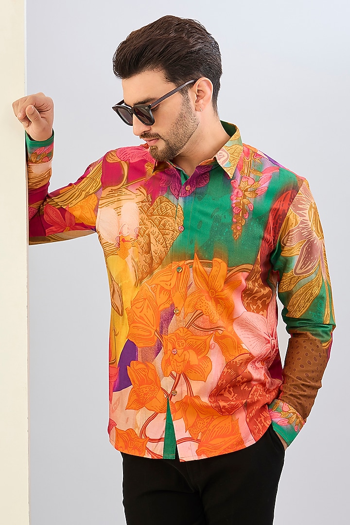 Orange Cotton Satin Floral Digital Printed Party Wear Shirt by Siddhartha Bansal Men at Pernia's Pop Up Shop