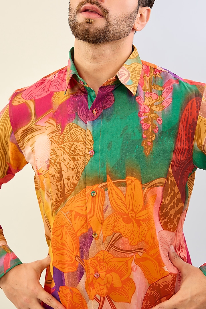 Orange Cotton Satin Floral Digital Printed Party Wear Shirt by Siddhartha Bansal Men at Pernia's Pop Up Shop