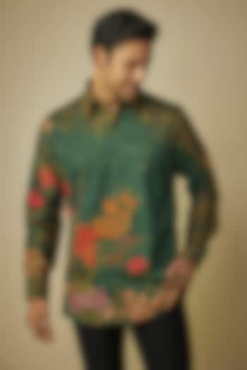 Green Cotton Satin Digital Printed Shirt by Siddhartha Bansal Men at Pernia's Pop Up Shop