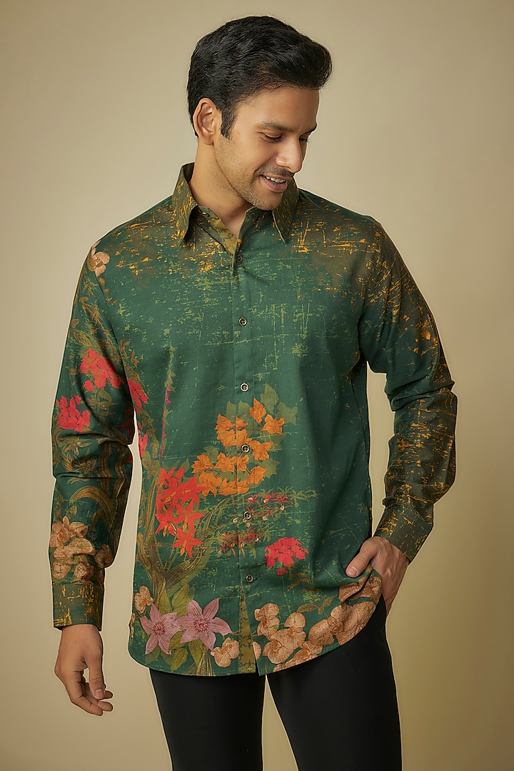 Green Cotton Satin Digital Printed Shirt by Siddhartha Bansal Men at Pernia's Pop Up Shop