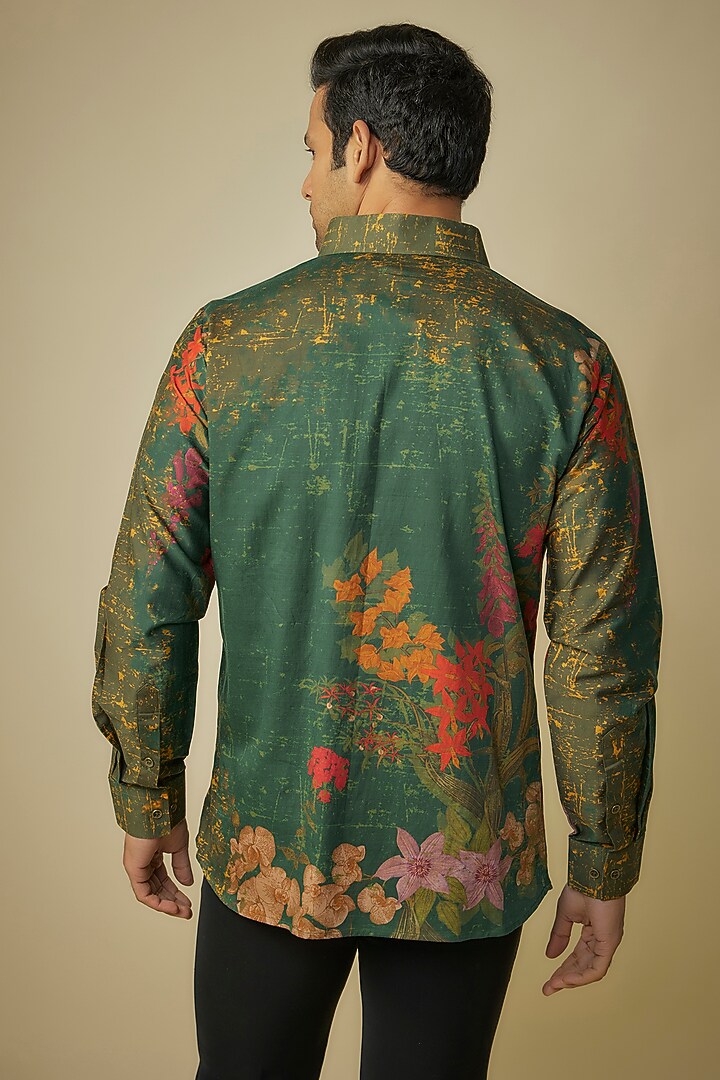 Green Cotton Satin Digital Printed Shirt by Siddhartha Bansal Men at Pernia's Pop Up Shop