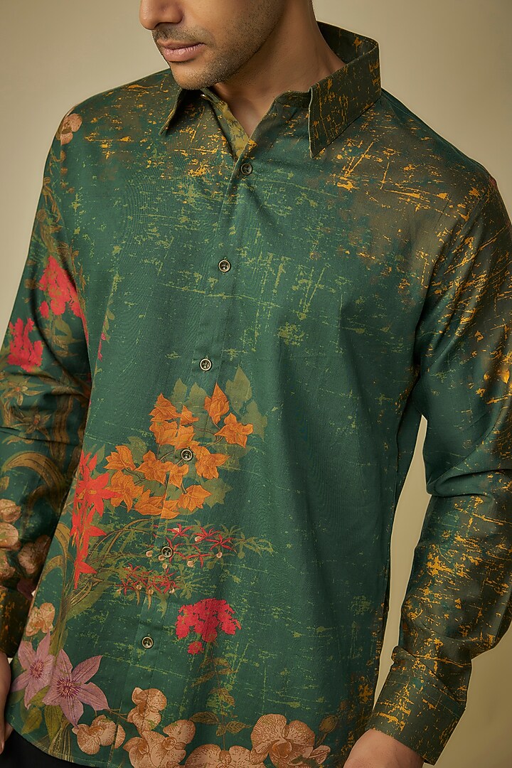 Green Cotton Satin Digital Printed Shirt by Siddhartha Bansal Men at Pernia's Pop Up Shop