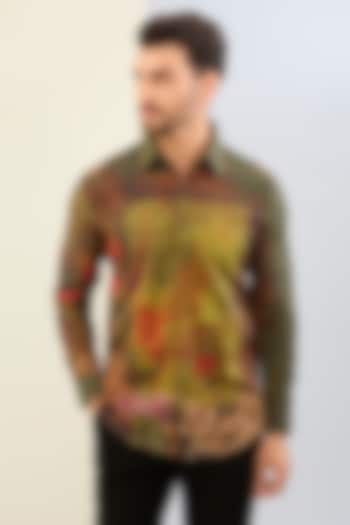 Olive Green Cotton Satin Floral Digital Printed Shirt by Siddhartha Bansal Men at Pernia's Pop Up Shop