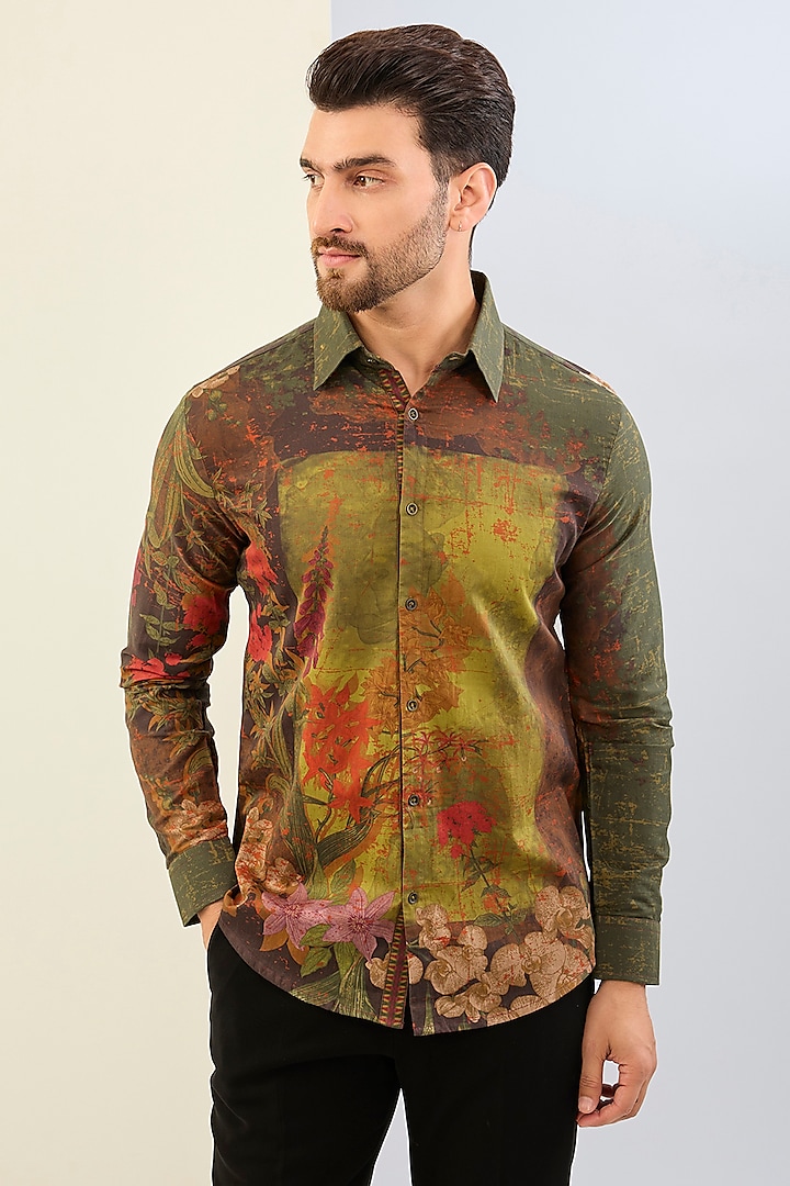 Olive Green Cotton Satin Floral Digital Printed Shirt by Siddhartha Bansal Men at Pernia's Pop Up Shop