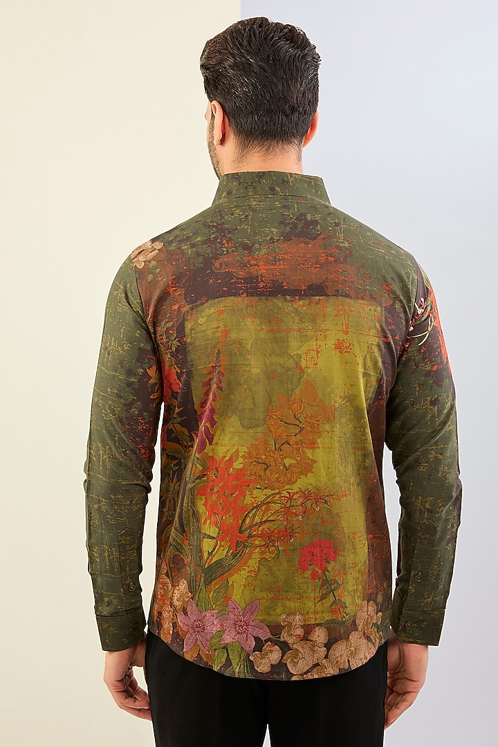 Olive Green Cotton Satin Floral Digital Printed Party Wear Shirt by Siddhartha Bansal Men at Pernia's Pop Up Shop