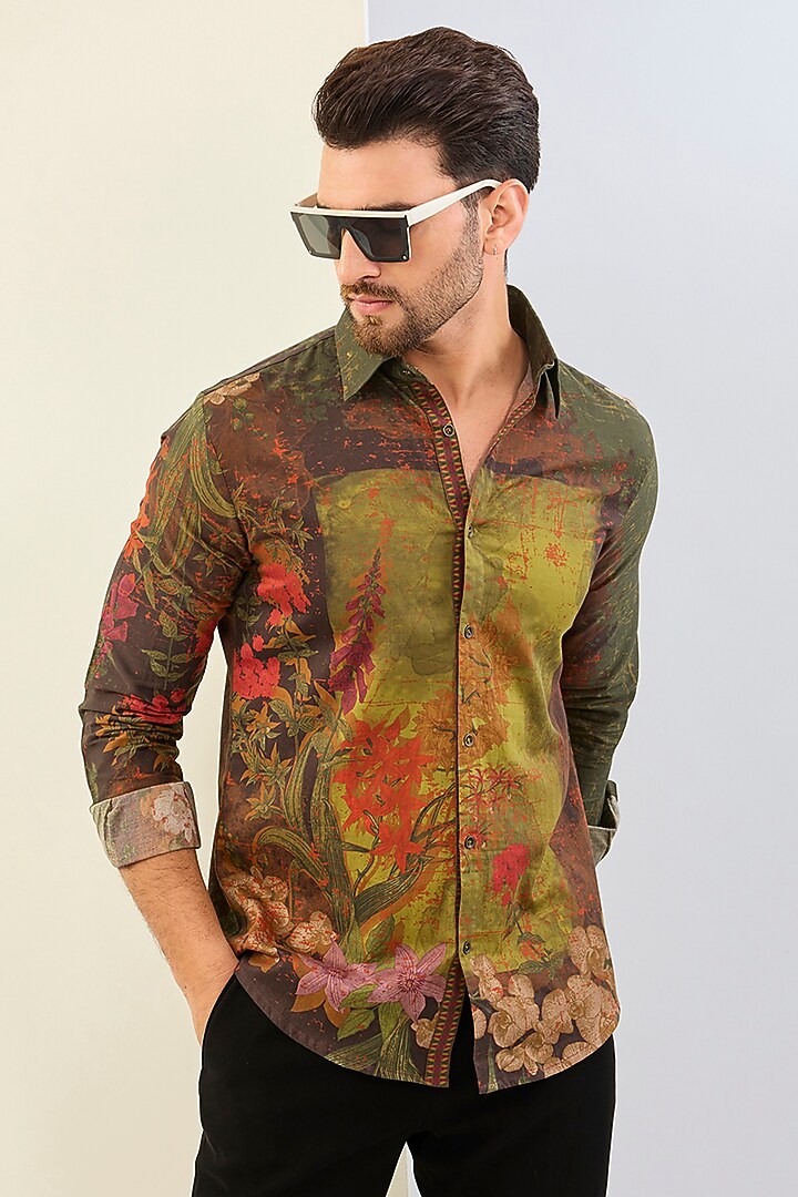 Olive Green Cotton Satin Floral Digital Printed Party Wear Shirt by Siddhartha Bansal Men at Pernia's Pop Up Shop