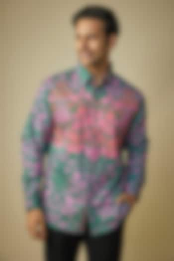 Dark Cyan Cotton Satin Digital Printed Shirt by Siddhartha Bansal Men at Pernia's Pop Up Shop