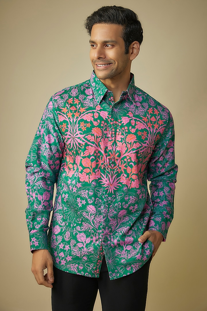 Dark Cyan Cotton Satin Digital Printed Shirt by Siddhartha Bansal Men at Pernia's Pop Up Shop