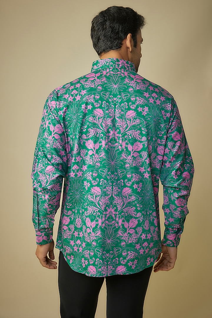 Dark Cyan Cotton Satin Digital Printed Shirt by Siddhartha Bansal Men at Pernia's Pop Up Shop