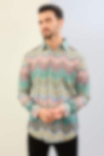 Mint Cotton Satin Chevron Digital Printed Shirt by Siddhartha Bansal Men at Pernia's Pop Up Shop