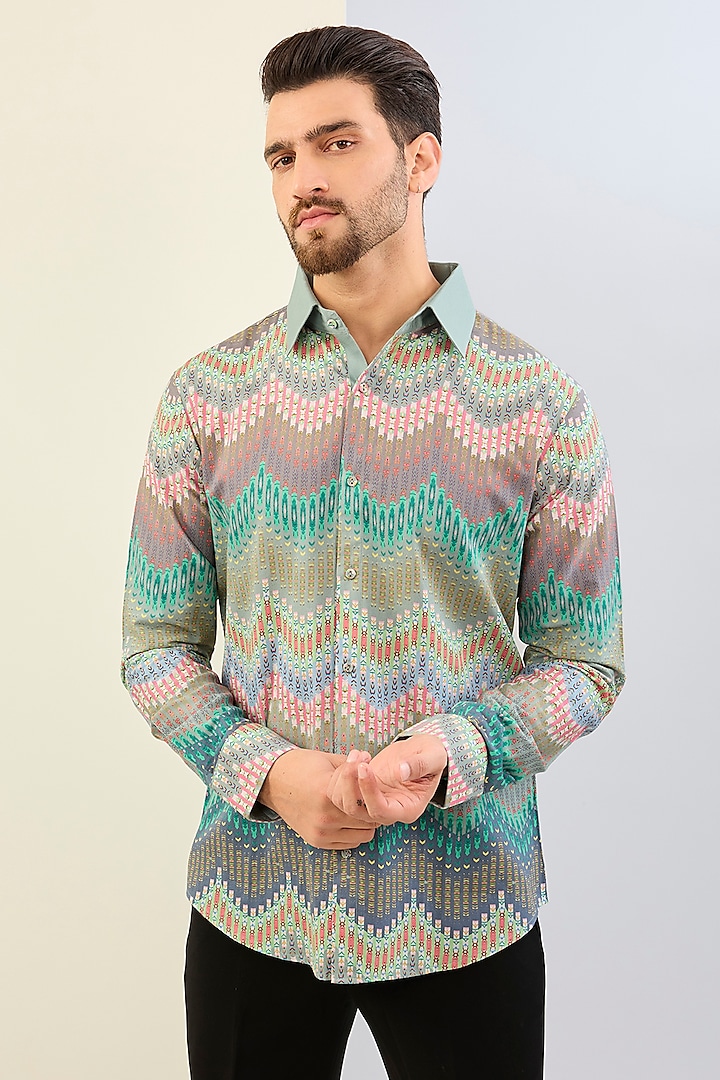 Mint Cotton Satin Chevron Digital Printed Shirt by Siddhartha Bansal Men at Pernia's Pop Up Shop