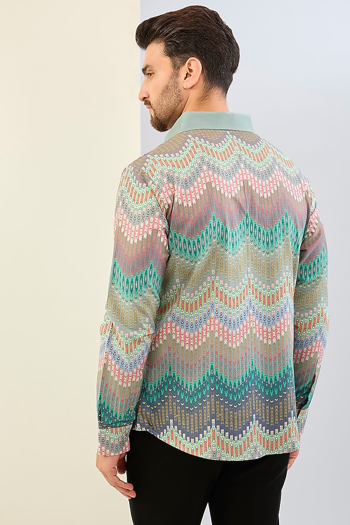 Mint Cotton Satin Chevron Digital Printed Party Wear Shirt by Siddhartha Bansal Men at Pernia's Pop Up Shop
