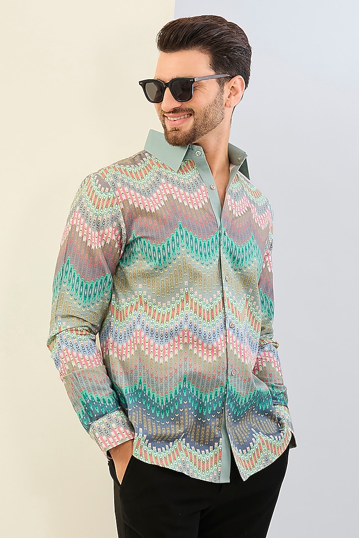 Mint Cotton Satin Chevron Digital Printed Party Wear Shirt by Siddhartha Bansal Men at Pernia's Pop Up Shop